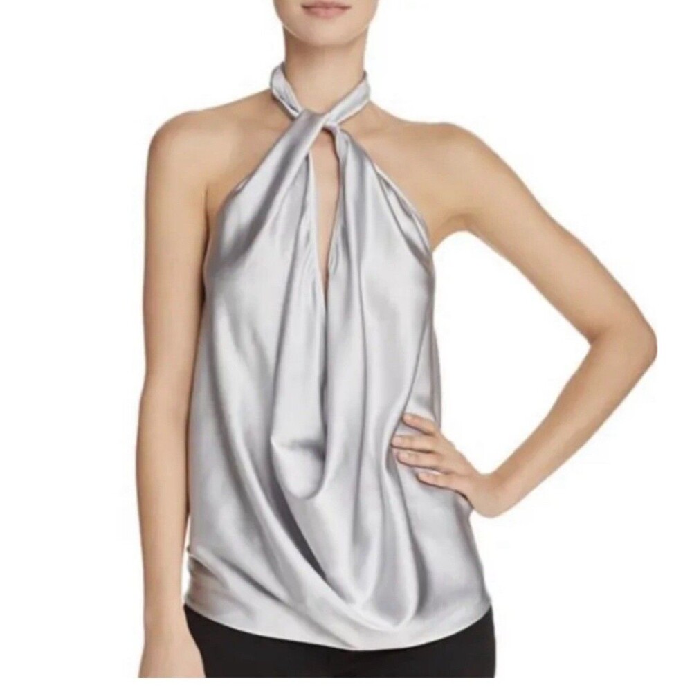 Ramy Brook S Harriet Halter Silk Gray Charmeuse Slvless Top Blouse Shirt NWT - Picture 6 of 11